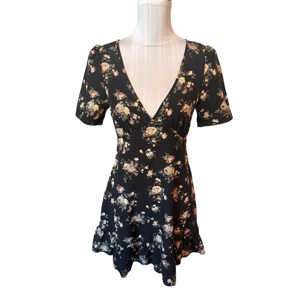 SHEIN Black Floral Print Mini Dress Size 2 Ruffled Sleeves & Hem